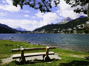 Scenic view of lake by mountains against sky