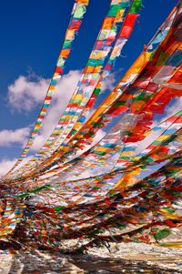 Low angle view of colorful prayer flags against sky