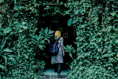 Rear view of person among leaves