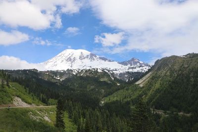 Scenic view of mountains against cloudy sky