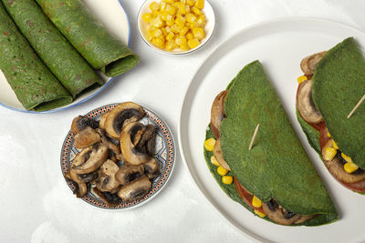 High angle view of meal served on table