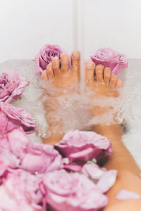 Point of view female feet bathing in rose flowers