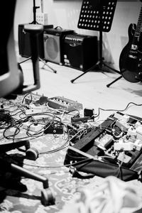 High angle view of guitar on table