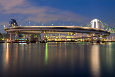 Bridge over river against sky in city at night