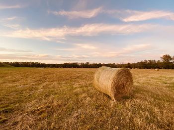 Hay bales on field against sky