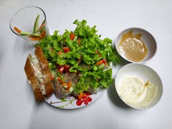 High angle view of breakfast served on table