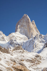 Scenic view of fitz roy against clear blue sky