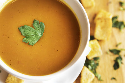 High angle view of soup in bowl on table