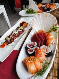 High angle view of sushi served on table