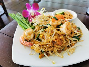 High angle view of meal served on table