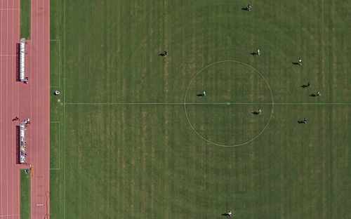 Directly above shot of player playing on soccer field