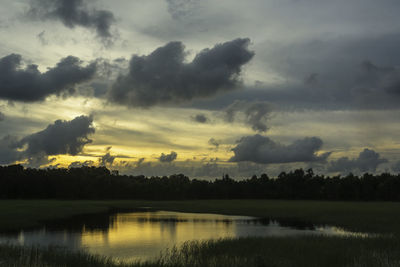 Scenic view of lake against sky during sunset