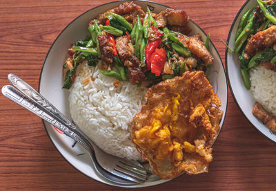 High angle view of food in plate on table