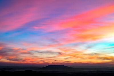 Scenic view of dramatic sky over silhouette landscape