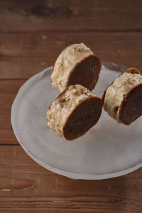 High angle view of cake in plate on table