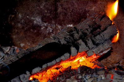 Close-up of fire on log at night