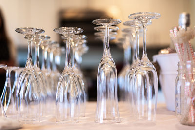 Close-up of glass wine glasses on table