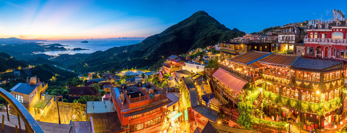 High angle view of townscape against sky during sunset