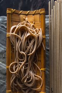 Close-up of noodles on marble