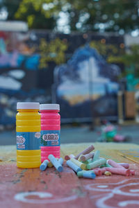 Close-up of bottles on table