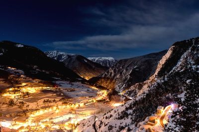 Illuminated snowed landscape at night