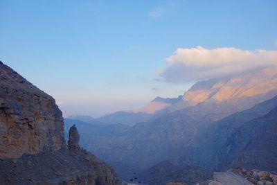 Scenic view of mountains against cloudy sky