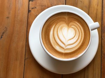 Directly above shot of cappuccino served on table