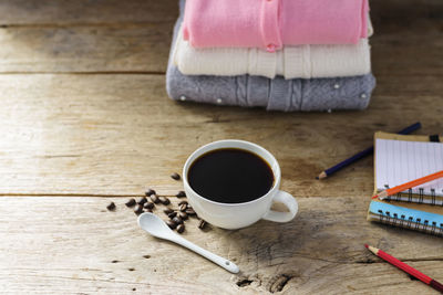 High angle view of coffee cup on table