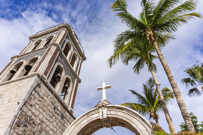 Low angle view of palm trees and building against sky