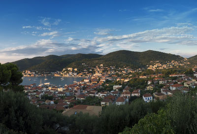 High angle shot of townscape against sky