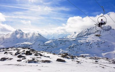 Overhead cable car against mountain range