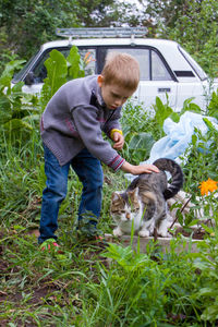 Boy petting cat while standing on land in forest