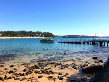 Scenic view of sea against clear blue sky