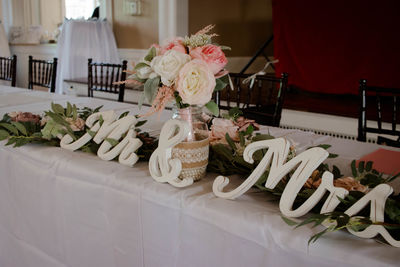 High angle view of wedding signs 