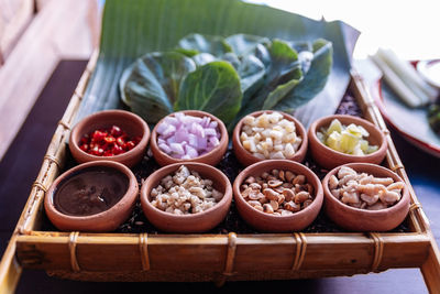 High angle view of fruits in container