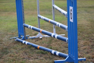 High angle view of playground equipment on field