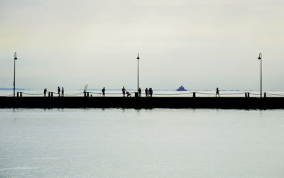 People on snow covered shore against sky