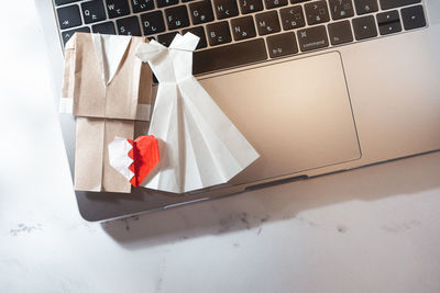 High angle view of smart phone on table
