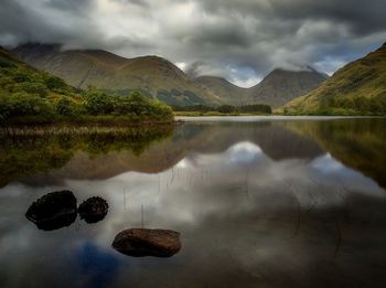 Scenic view of lake and mountains against sky