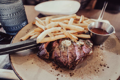 Close-up of food served on table