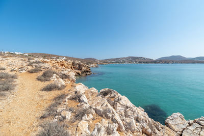 Scenic view of sea against clear blue sky