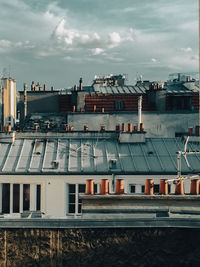 High angle view of buildings against sky