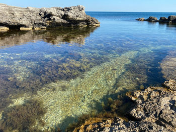 High angle view of rocks in sea