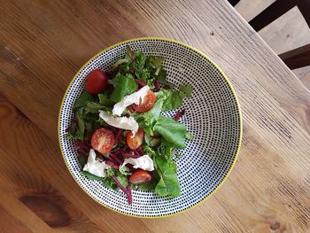 High angle view of salad in bowl on table