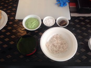 High angle view of breakfast on table at home