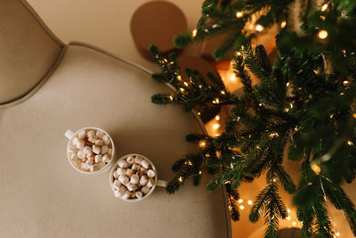 Christmas festive interior of a decorated cozy living room with a sofa at home