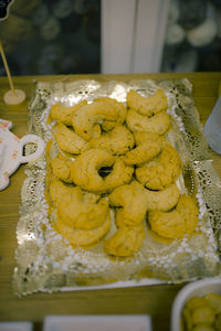 High angle view of cookies on table