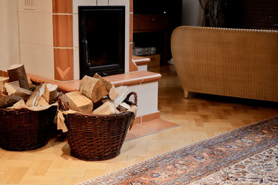View of wicker basket on floor at home