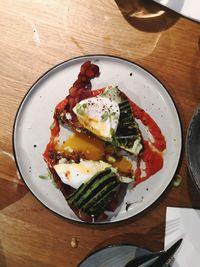 High angle view of breakfast in plate on table