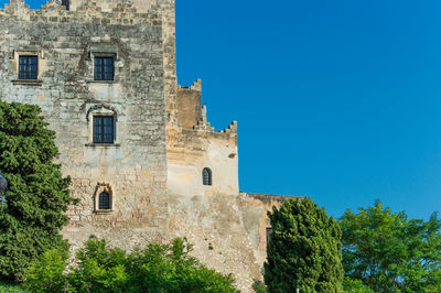 Low angle view of old building against clear blue sky